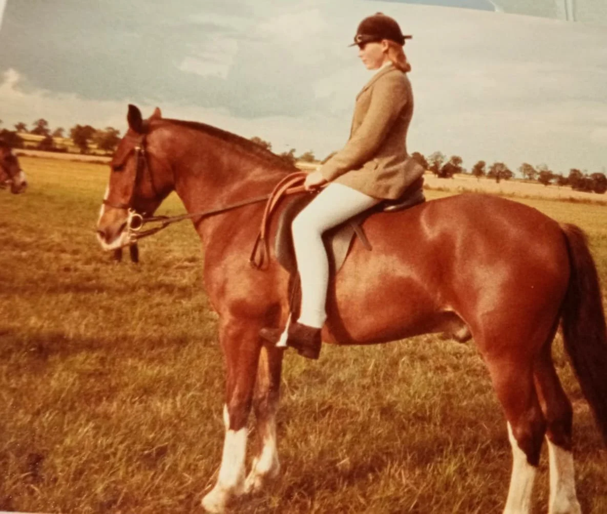 A woman riding a brown horse in a field during daytime, wearing a brown jacket, white pants, and a black helmet with sunglasses.