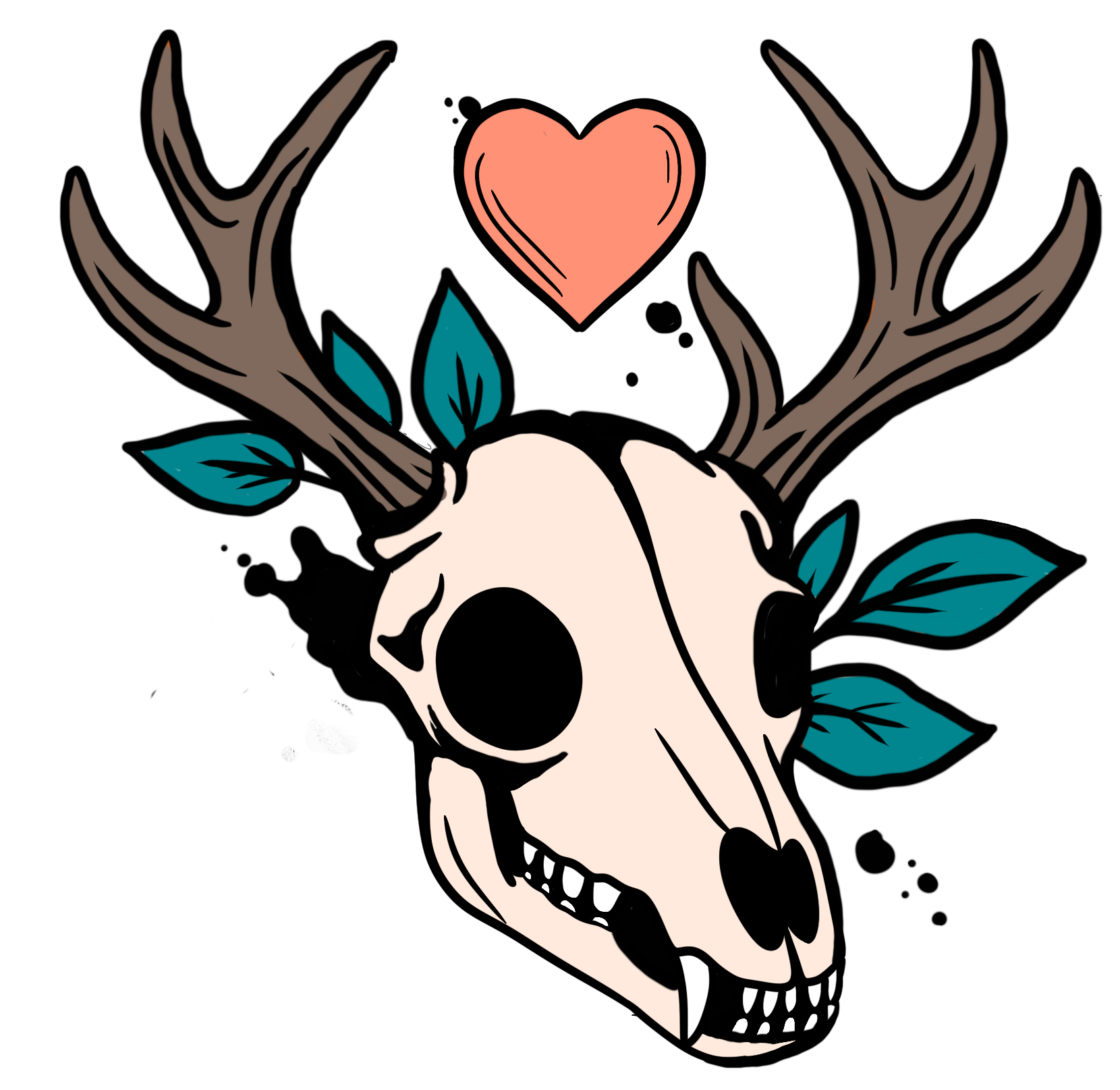 Illustration eines Tier-Schädels mit Geweih, blauen Blättern, einem roten Herz darüber