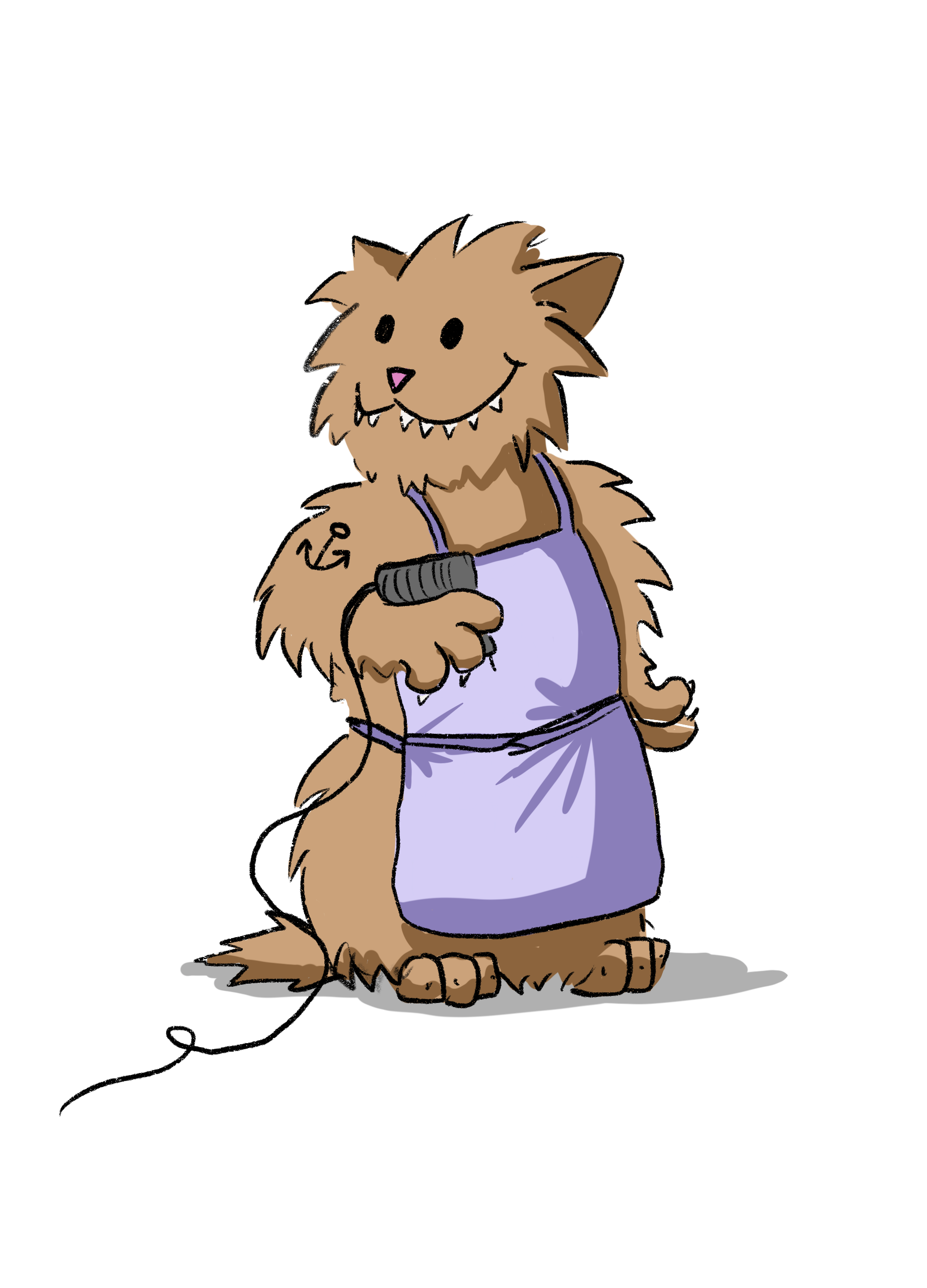 Eine anthropomorphe Katze mit Tätowiermaschine in der Hand, trägt eine Schürze