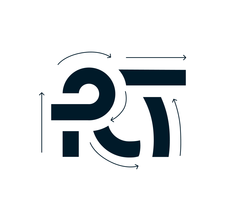 Grafiek met pijl en cirkelverwijzingen, met de letters 'RT' centraal. Die staan voor Rethink.