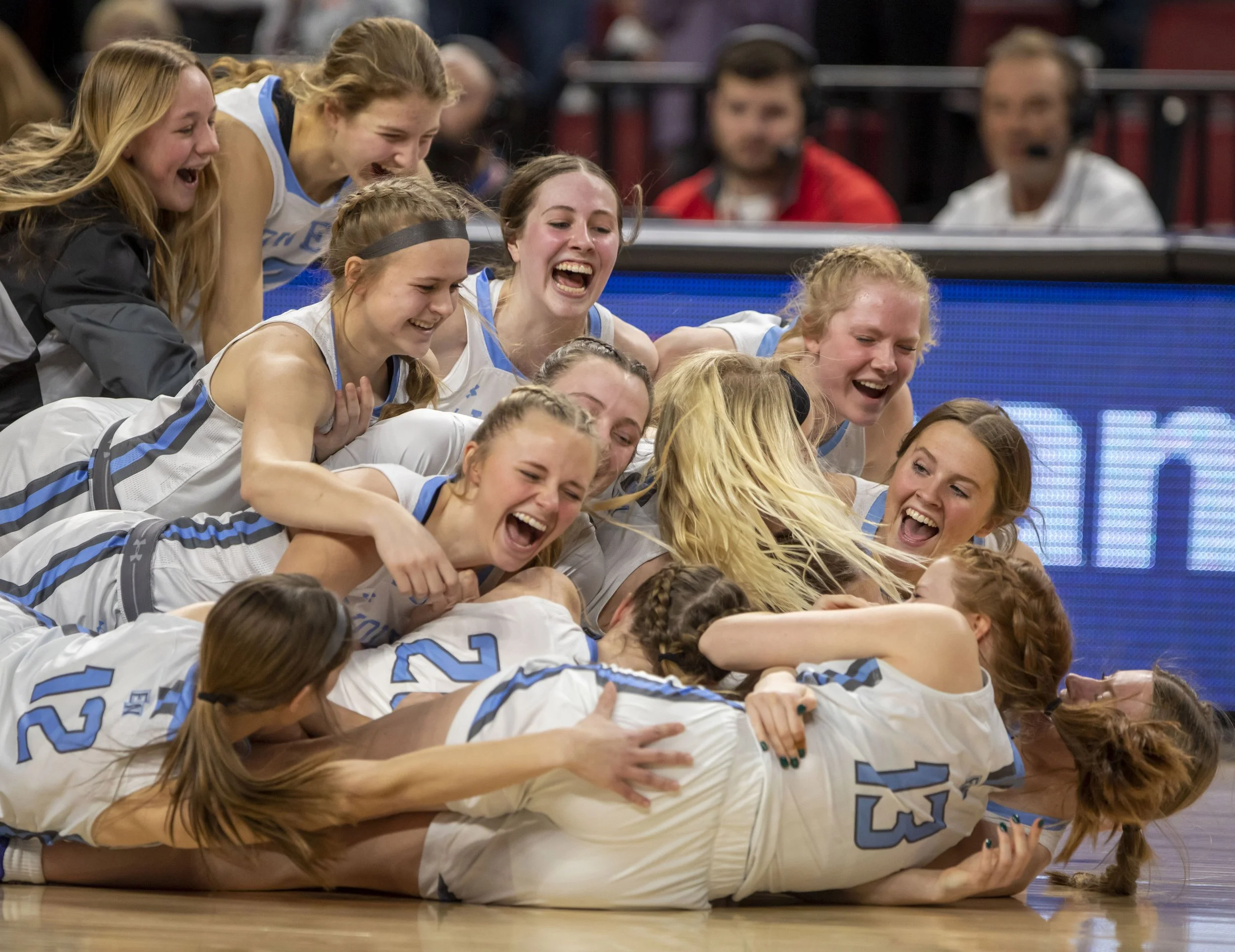 Elkhorn North celebrates after winning the Class B girls state championship basketball game on Saturday, March 12, 2022, at Pinnacle Bank Arena in Lincoln, Neb.