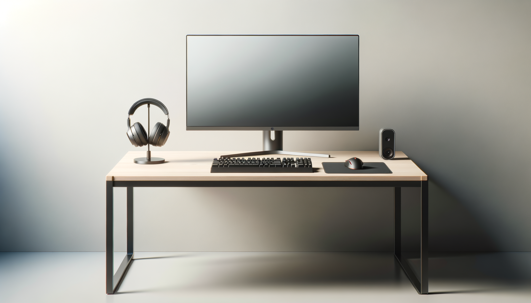 Minimalist computer desk setup with a monitor, keyboard, mouse on a black mouse pad, headphones on a stand, and a small webcam against a plain wall