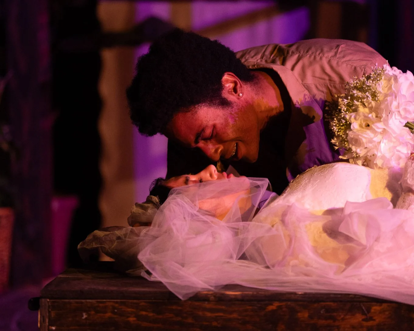 Iyanu Olukotun as Romeo in a scene with Juliet in Romeo and Juliet, photographed by Frank Chen