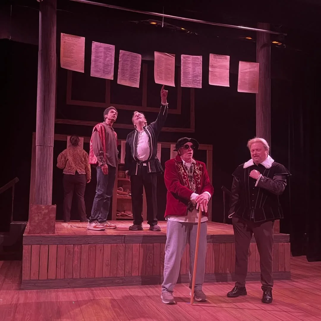 Iyanu Olukotun as Isaac Jaggard with John Heminges, William Jaggard, and Henry Condell in a scene from The Book of Will, photographed by Elaine Yee