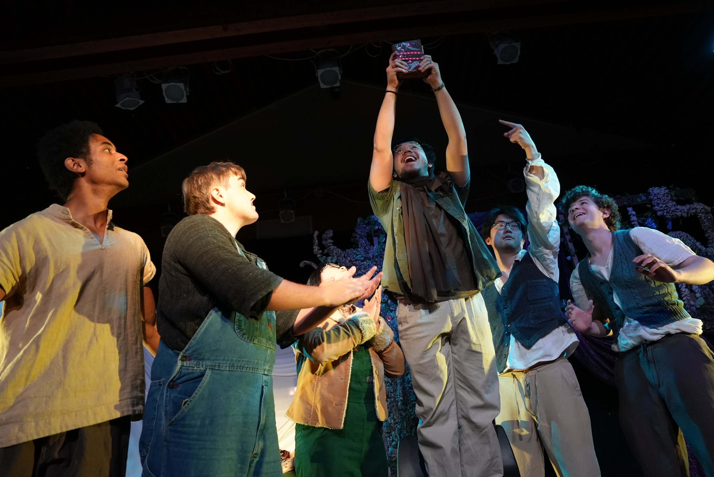 Iyanu Olukotun as Francis Flute, Owen Rowe as Nick Bottom, Miranda Li as Snug, Kai Teigen as Peter Quince, Bennie Wang as Tom Snout, and Thomas Raith as Starveling performing in A Midsummer Night’s Dream, photographed by Haein Shim