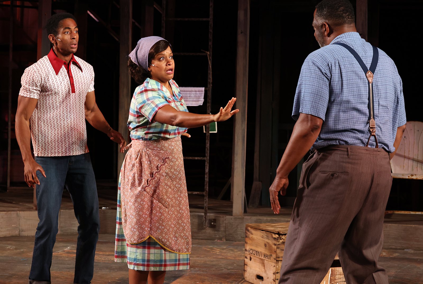 Iyanu Olukotun as Cory with Carolyn Ratteray as Rose and Derrick Lee Weeden as Troy in Fences, photographed by Shmuel Thaler