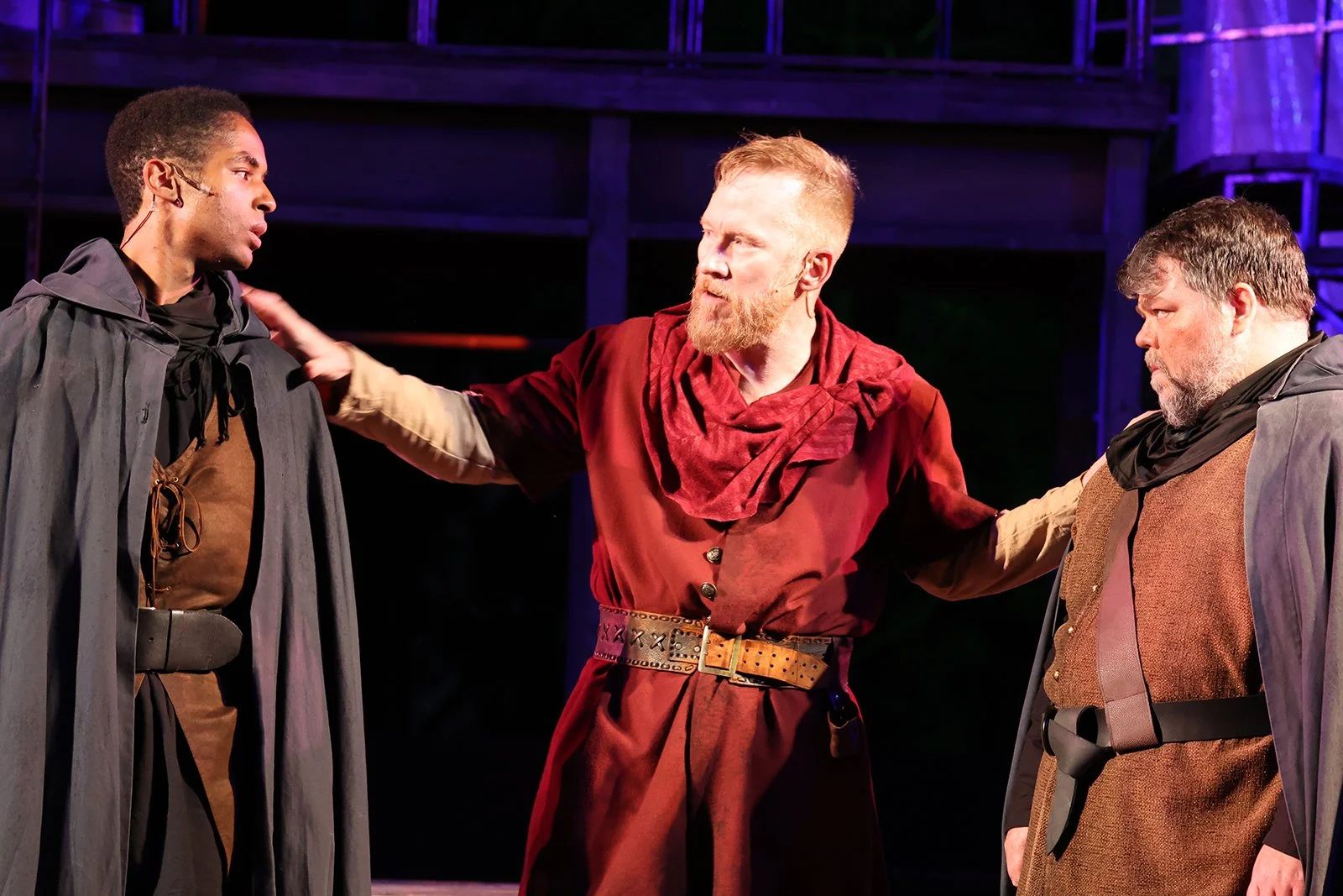 Iyanu Olukotun as Second Murderer with Dan Donohue as Macbeth and Thomas Bigley as First Murderer in Macbeth, photographed by Shmuel Thaler
