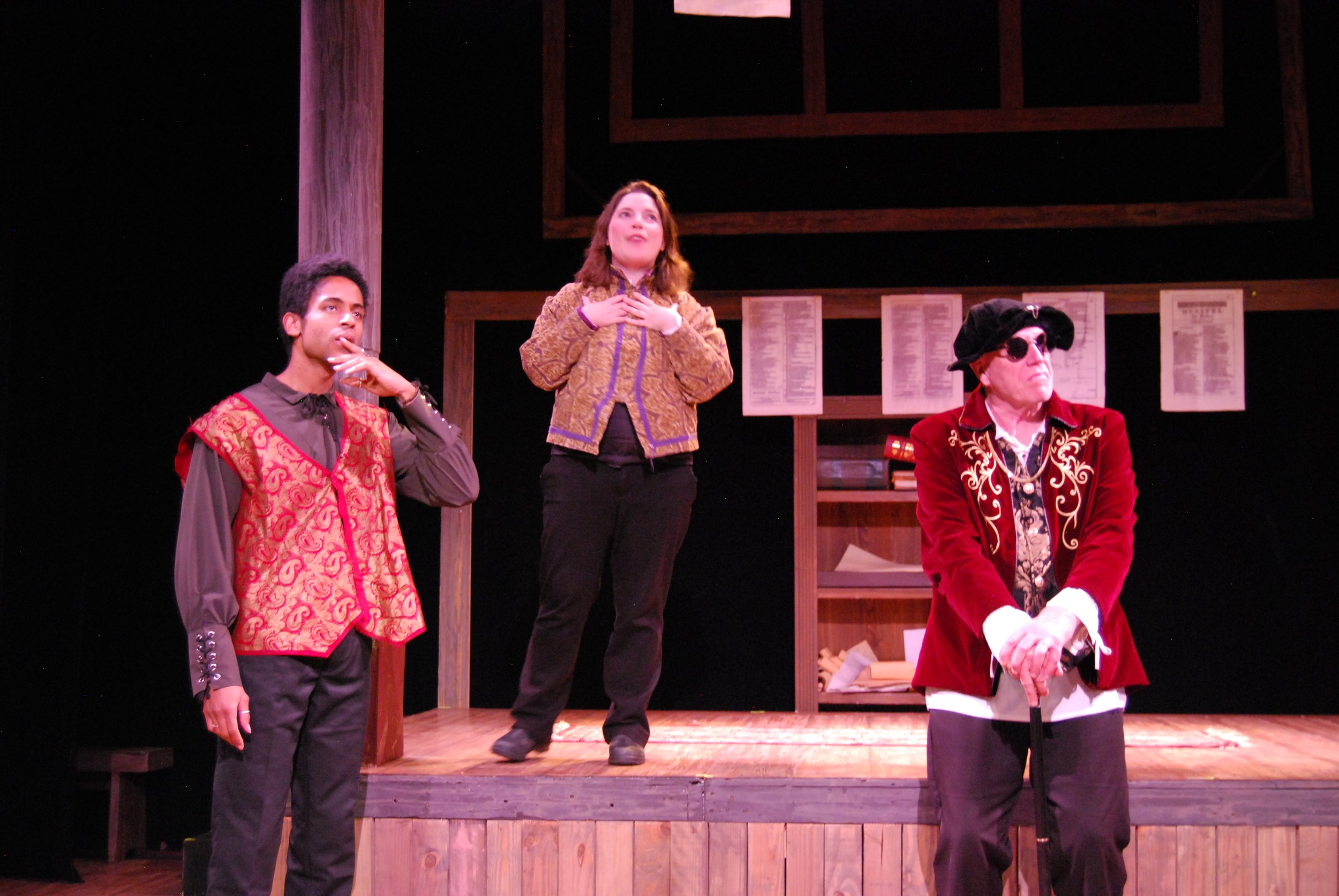 Iyanu Olukotun as Isaac Jaggard with Marcus and William Jaggard in a scene from The Book of Will, photographed by Elaine Yee