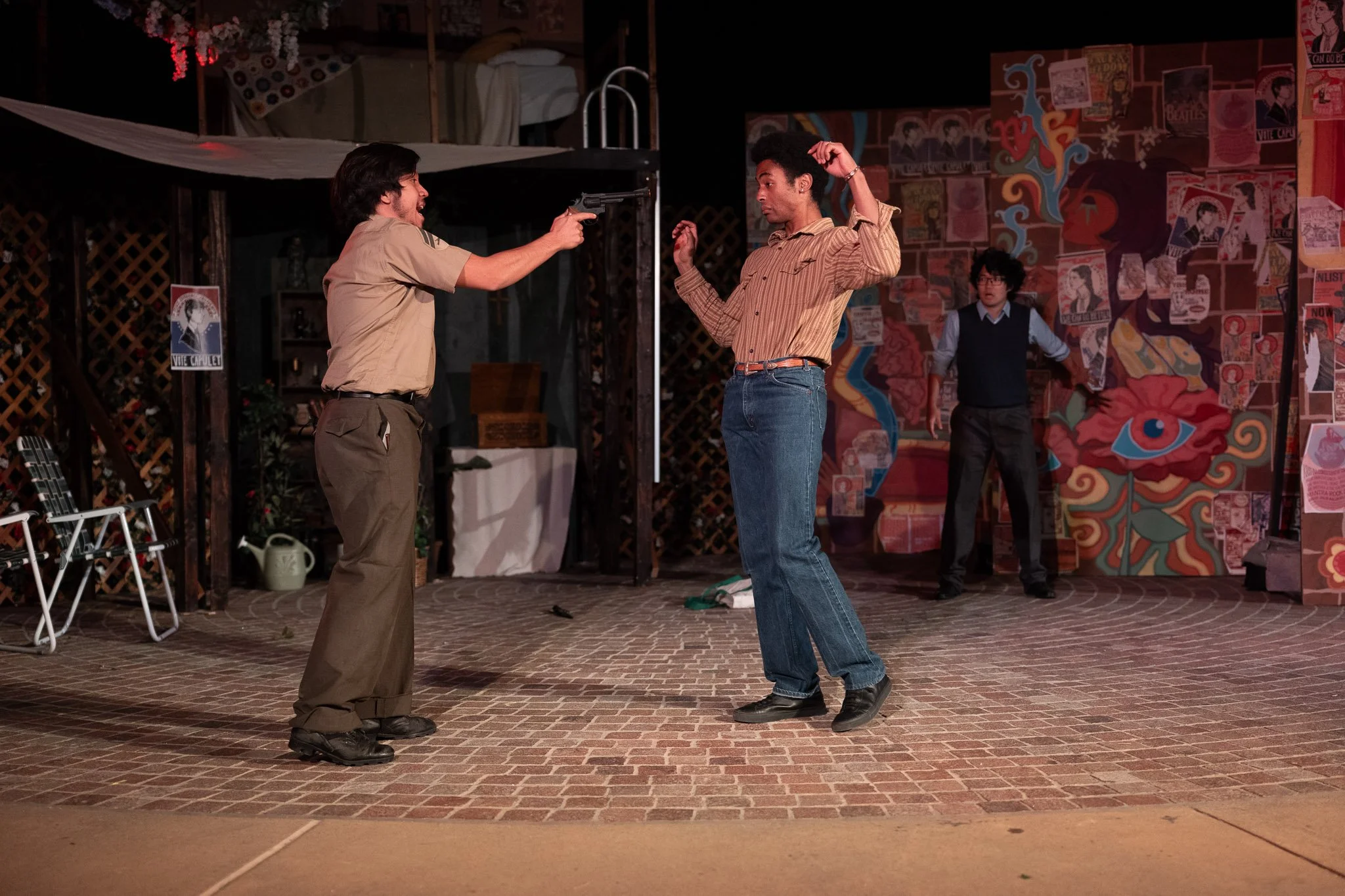 Iyanu Olukotun as Romeo in a scene with Tybalt and Benvolio in Romeo and Juliet, photographed by Frank Chen