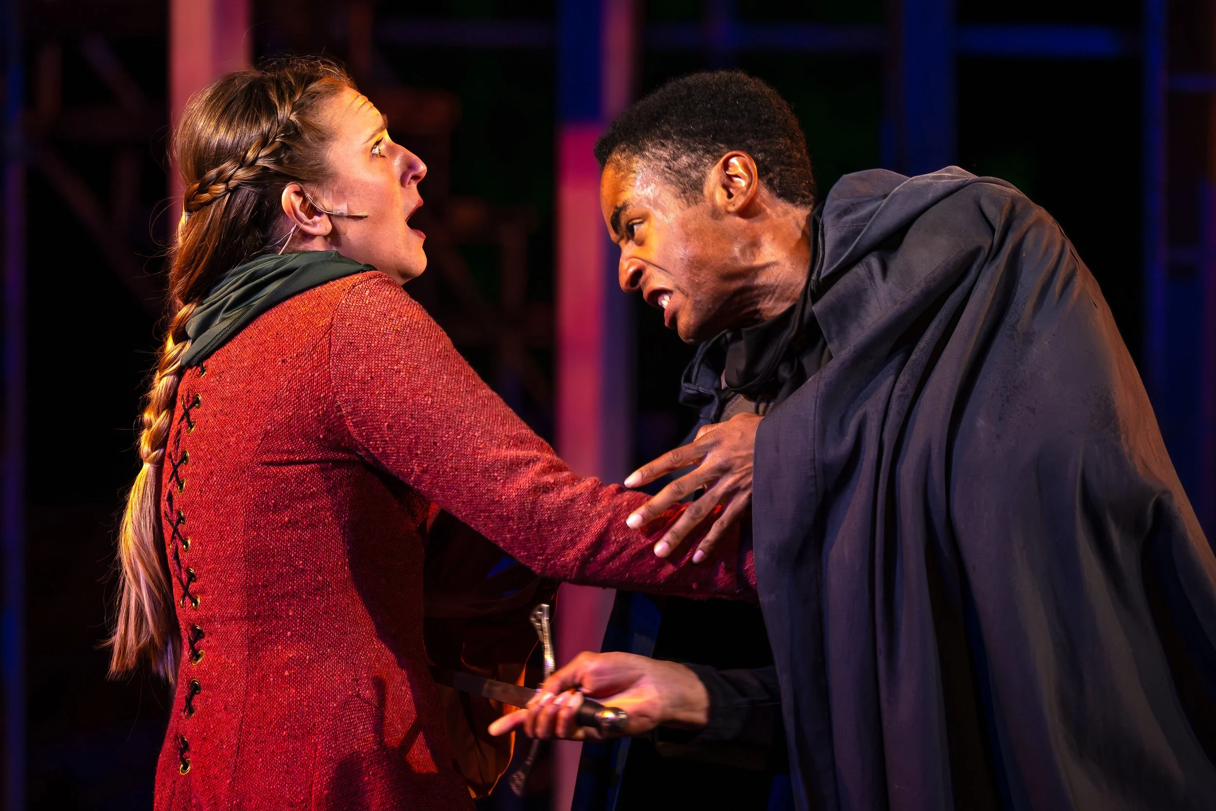 Charlotte Boyce Munson as Lady Macduff with Iyanu Olukotun as Second Murderer in Macbeth, photographed by Kevin Lohman