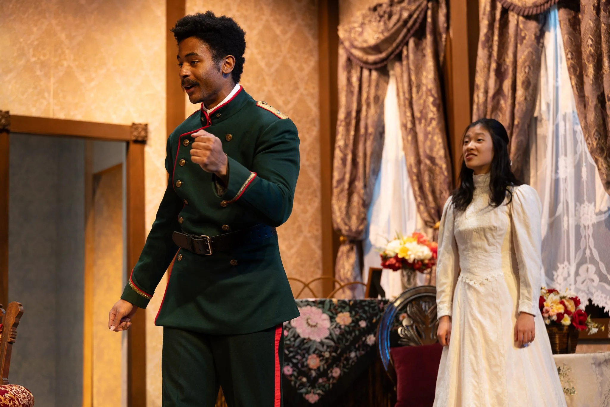 Iyanu Olukotun as Tuzenbach in a scene with Irina in Three Sisters, photographed by Frank Chen