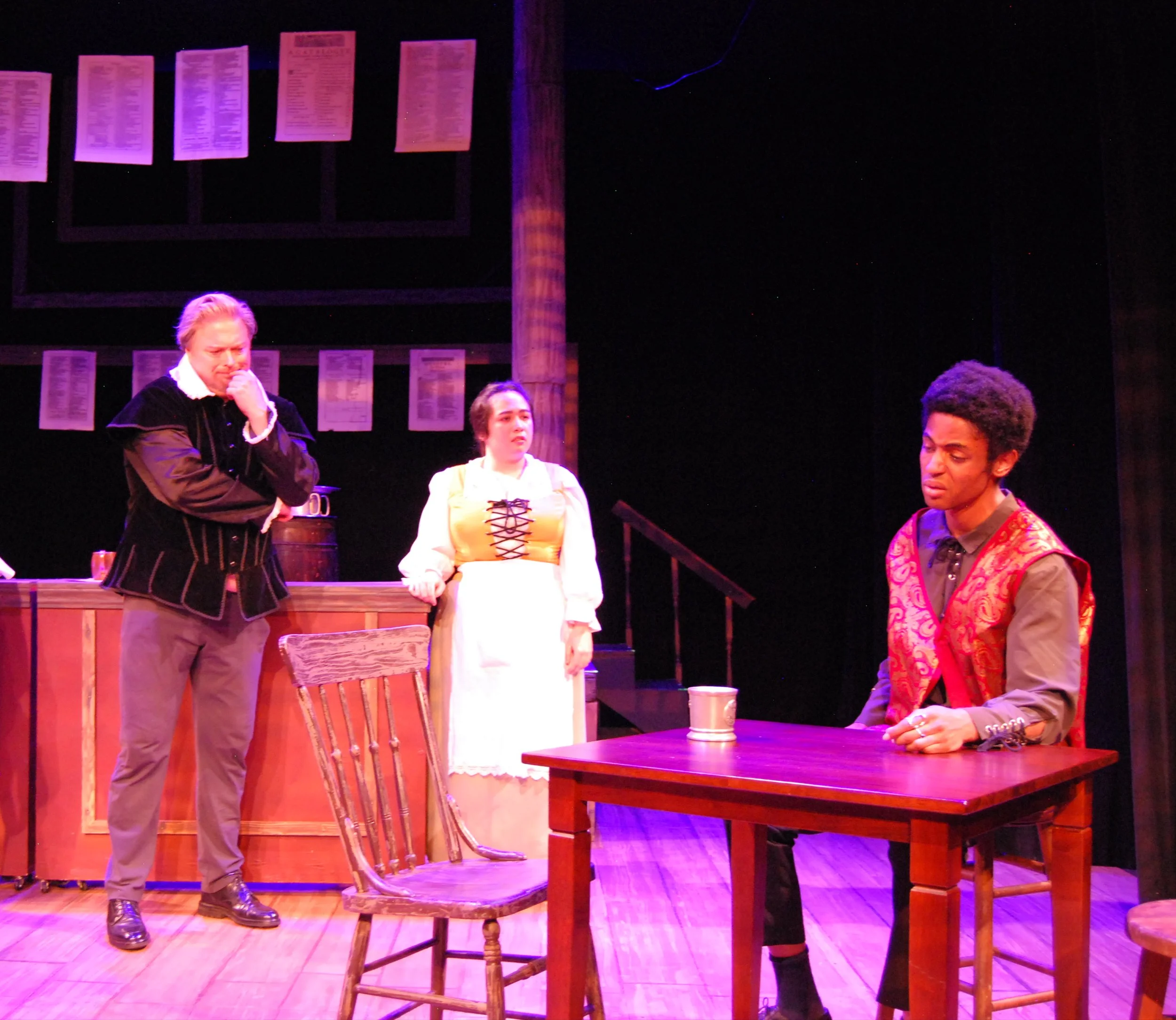 Iyanu Olukotun as Isaac Jaggard with Henry Condell and Alice Heminges in a scene from The Book of Will, photographed by Elaine Yee