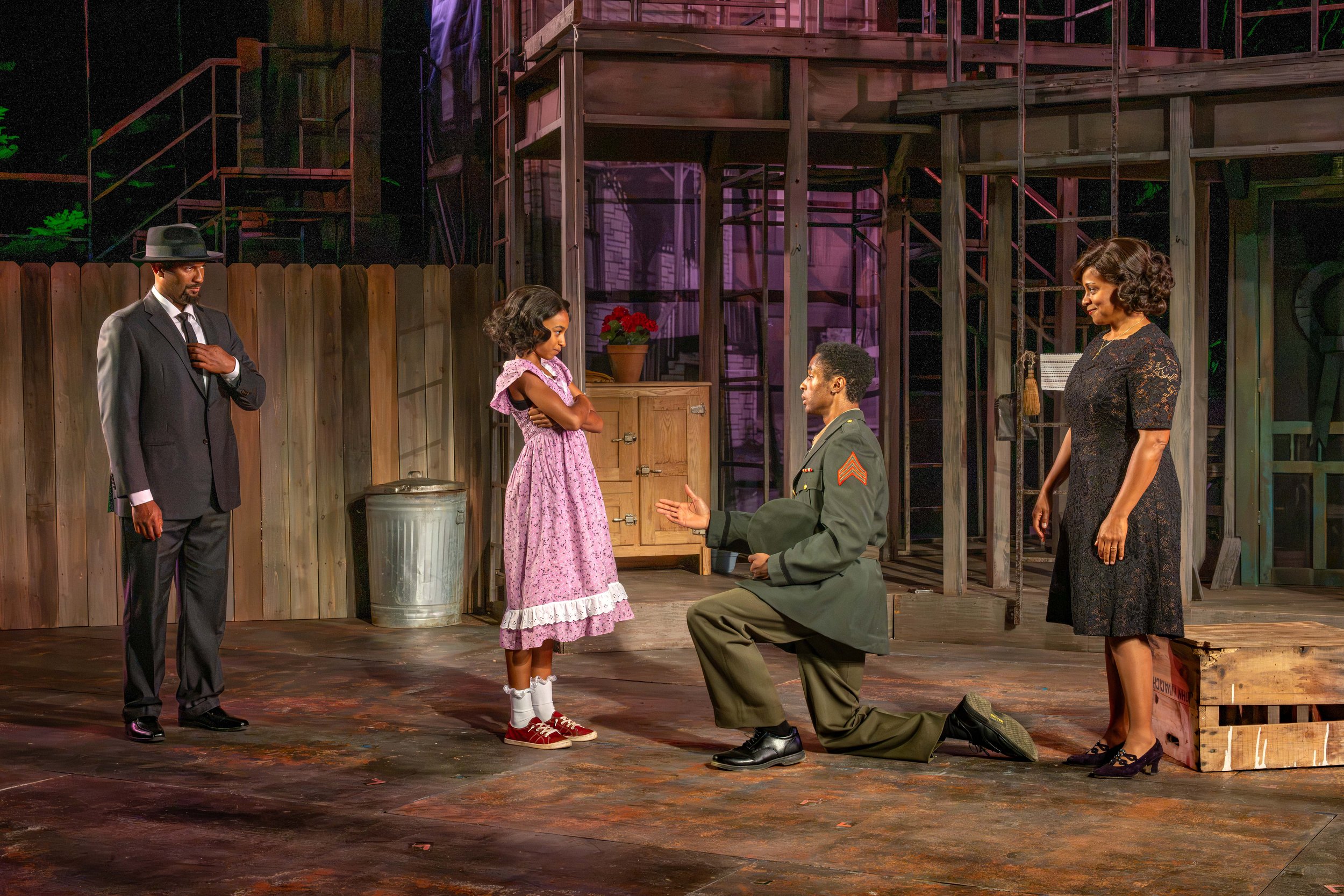 ML Roberts as Lyons, Maimouna Biaye as Raynell, Iyanu Olukotun as Cory, and Carolyn Ratteray as Rose in Fences, photographed by Kevin Lohman