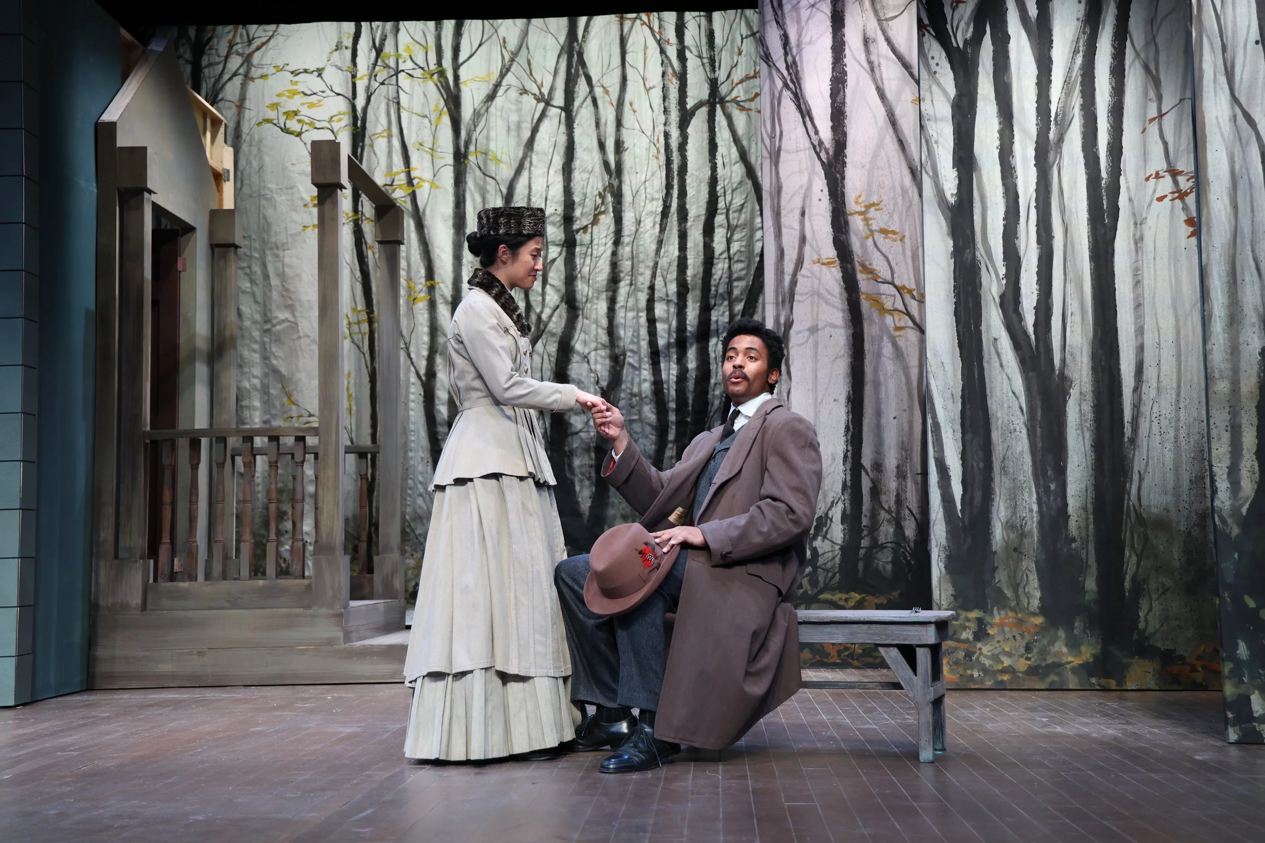 Iyanu Olukotun as Tuzenbach in a scene with Irina in Three Sisters, photographed by Stephanie Okuda