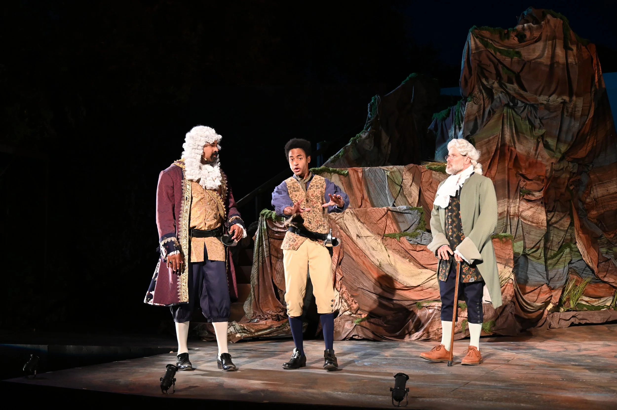 Iyanu Olukotun as Adrian in a scene with King Alonso and Gonzalo in The Tempest at Marin Shakespeare Company, photographed by Jay Yamada
