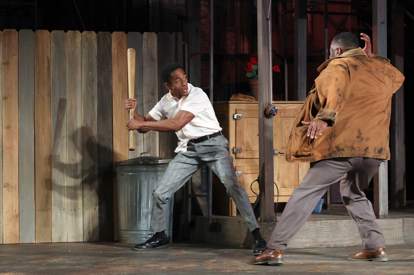 Iyanu Olukotun as Cory with Derrick Lee Weeden as Troy in Fences, photographed by Shmuel Thaler