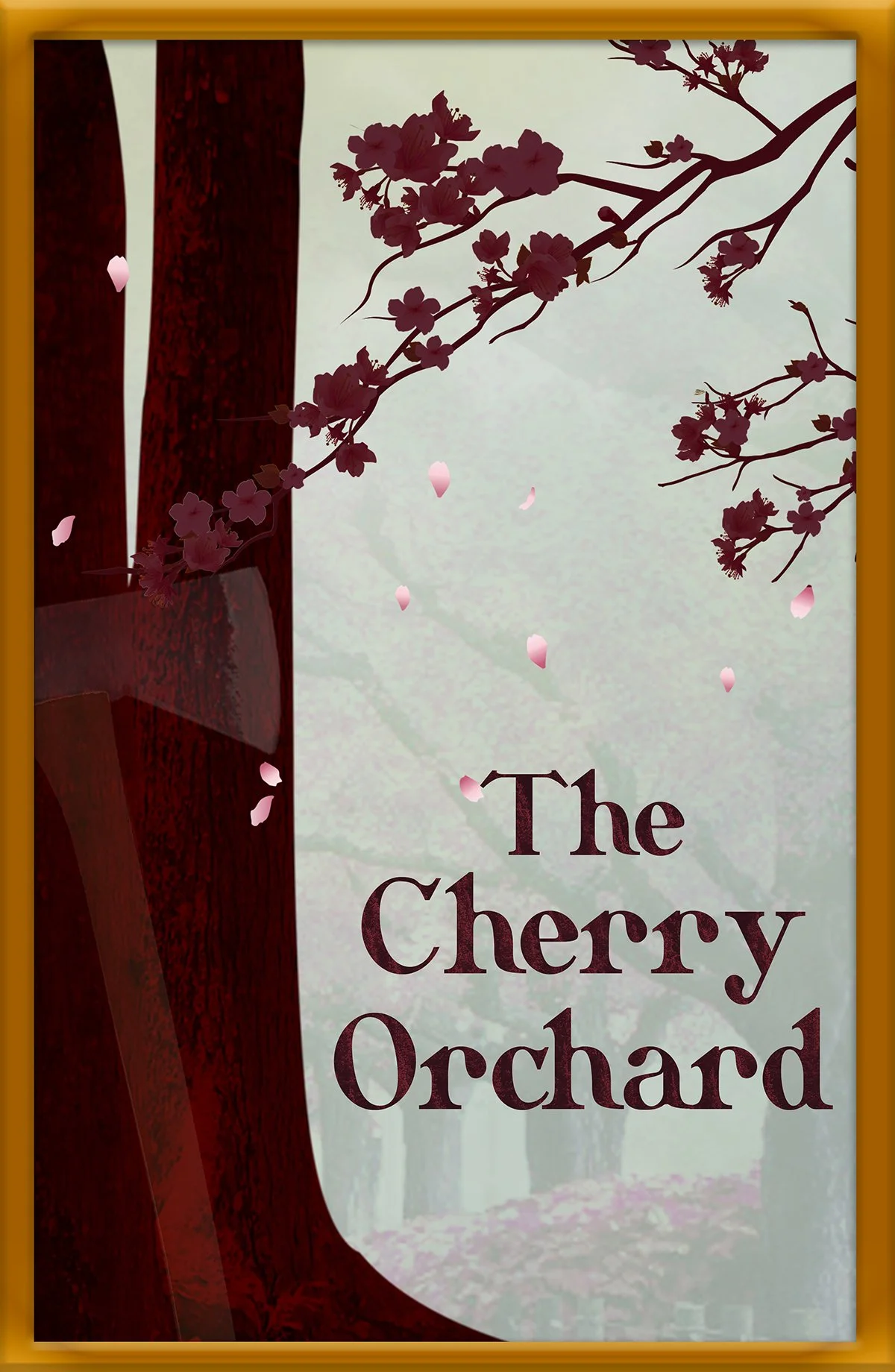 Book cover with cherry blossom branches and falling petals, titled "The Cherry Orchard."