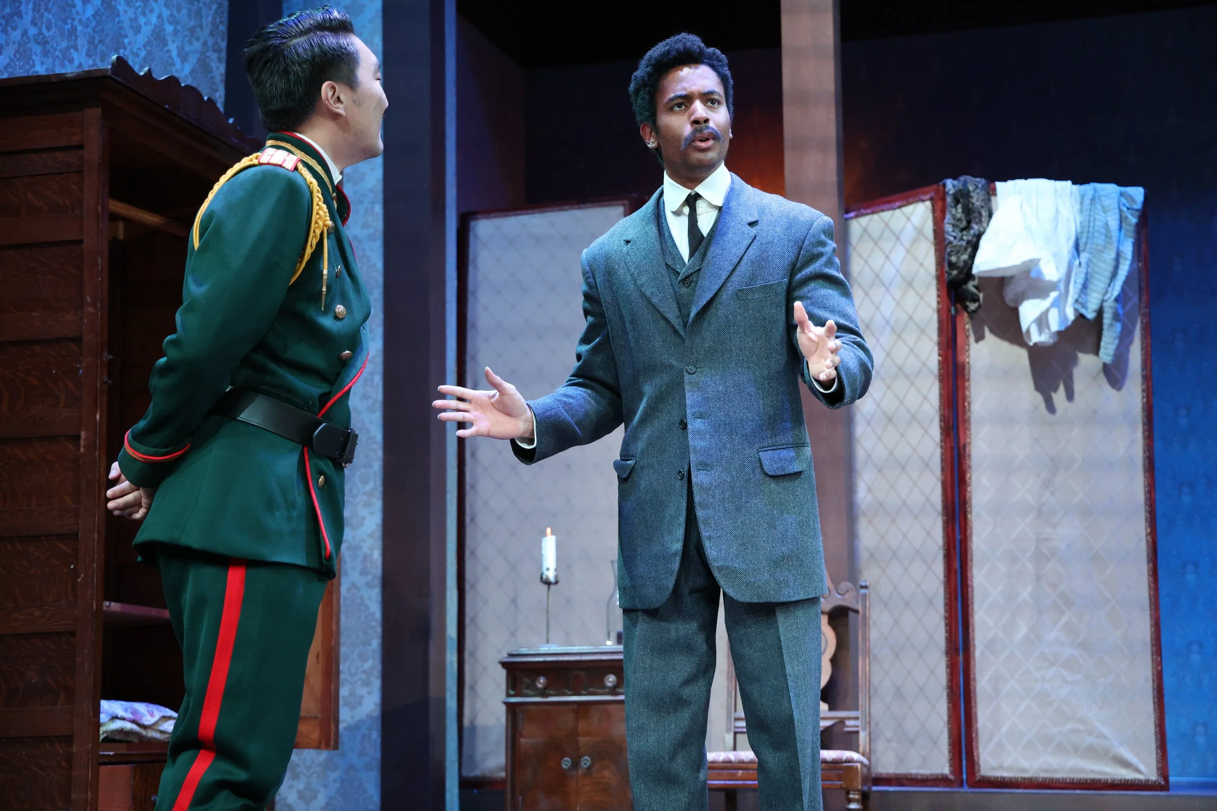 Iyanu Olukotun as Tuzenbach in a scene with Vershinin in Three Sisters, photographed by Frank Chen