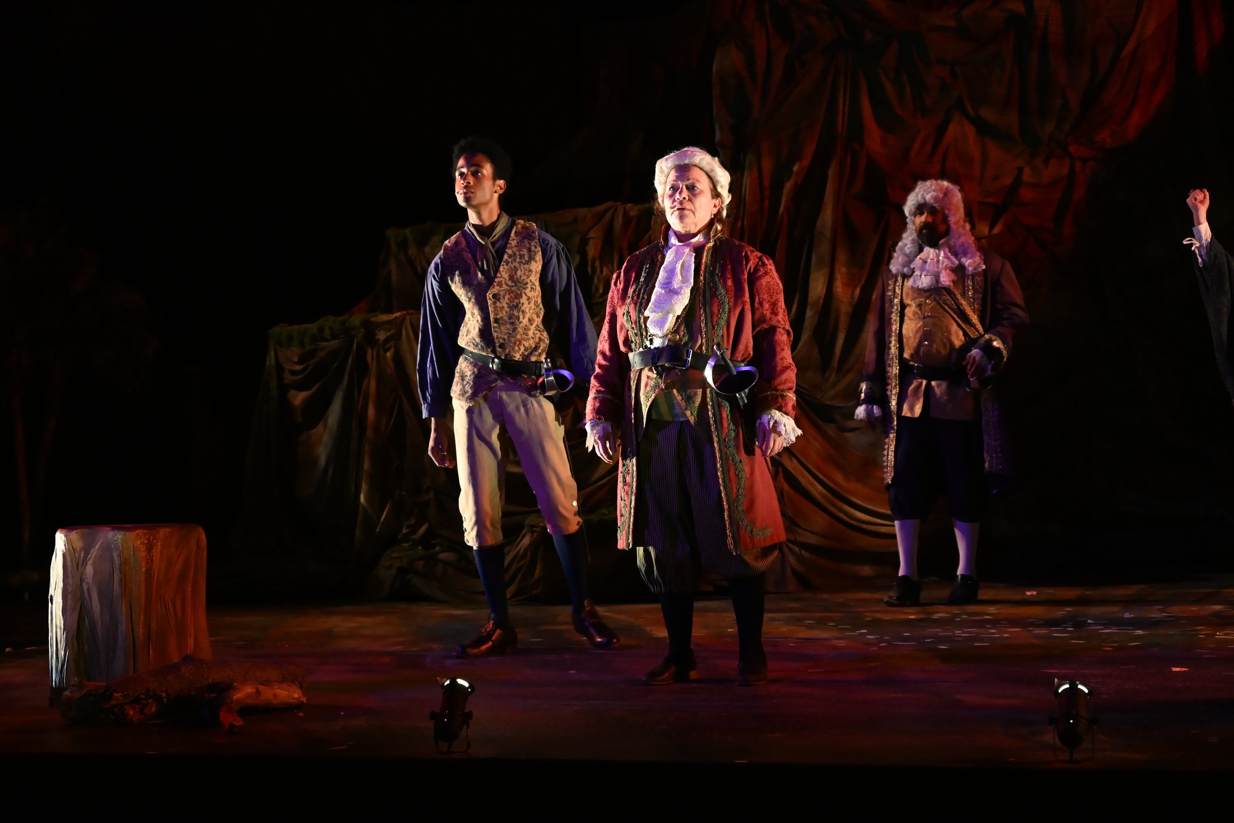 Iyanu Olukotun as Adrian in a scene with Antonio and King Alonso in The Tempest at Marin Shakespeare Company, photographed by Jay Yamada