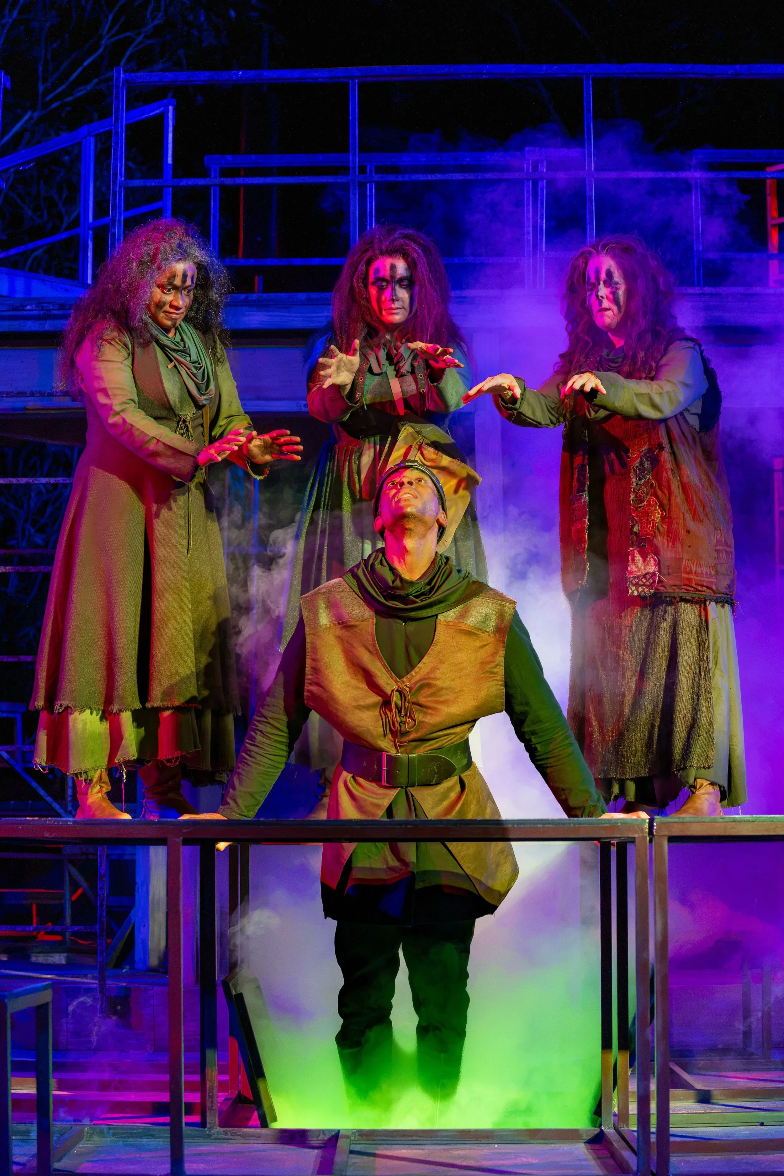 Carolyn Ratteray as Witch 2, Renée Torchio MacDonald as Witch 3, and Patty Gallagher as Witch 1 with Iyanu Olukotun as Second Apparition in Macbeth, photographed by Kevin Lohman
