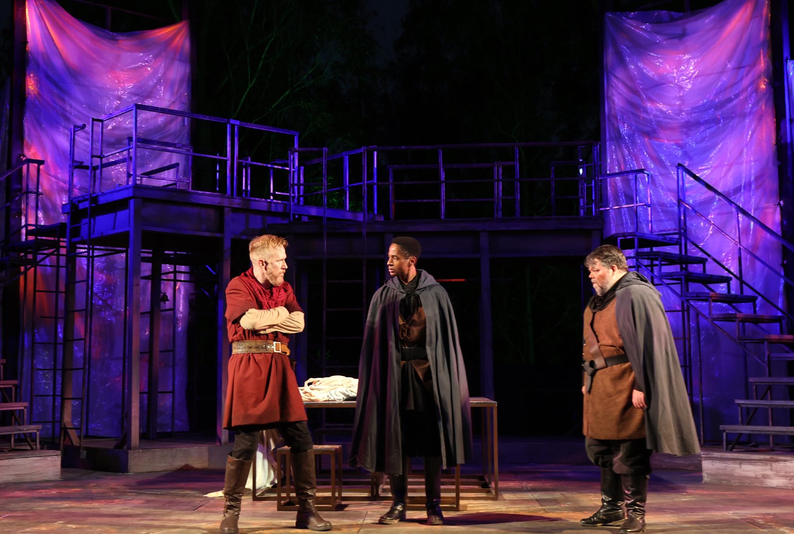 Dan Donohue as Macbeth with Iyanu Olukotun as Second Murderer and Thomas Bigley as First Murderer in Macbeth, photographed by Shmuel Thaler