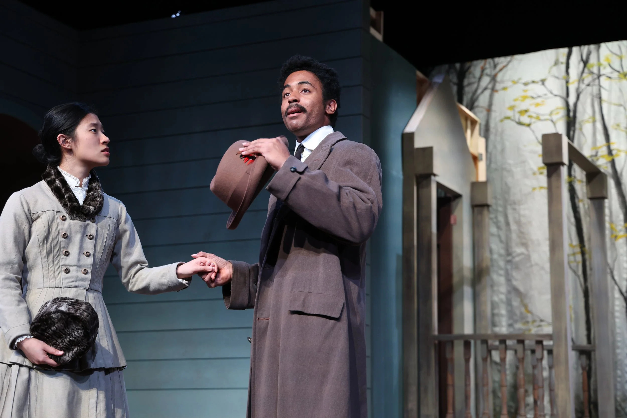 Iyanu Olukotun as Tuzenbach in a scene with Irina in Three Sisters, photographed by Stephanie Okuda
