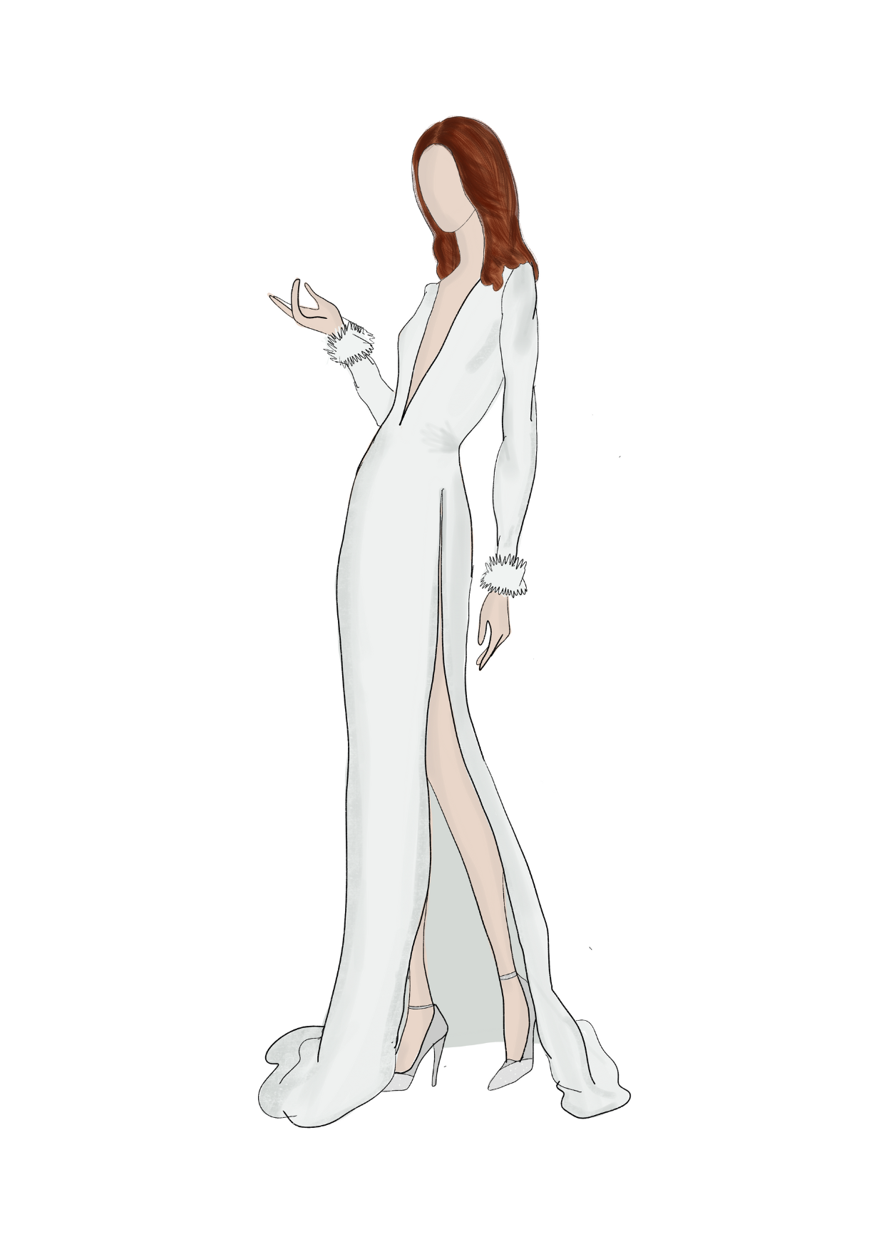 A digital illustration of a woman with red hair wearing a white winter gown with a front slit, high heels, and fur cuffs.