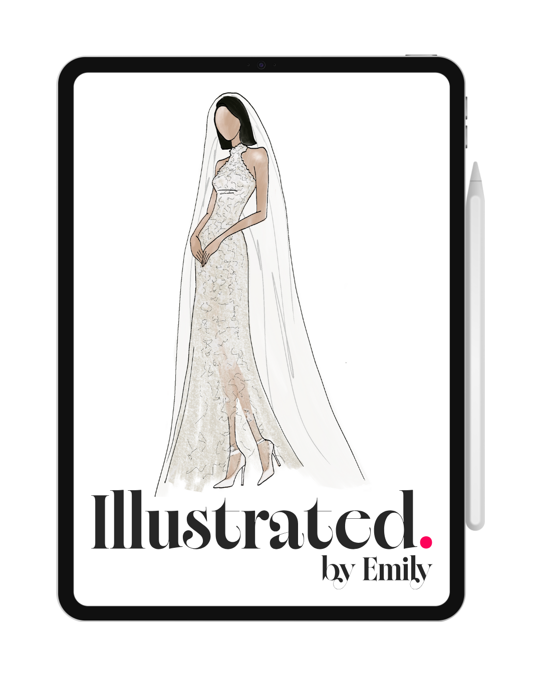 Digital illustration of a woman in a wedding dress with a long train and veil, holding her hands together, standing in front of a white background with the text 'Illustrated by Emily' at the bottom.