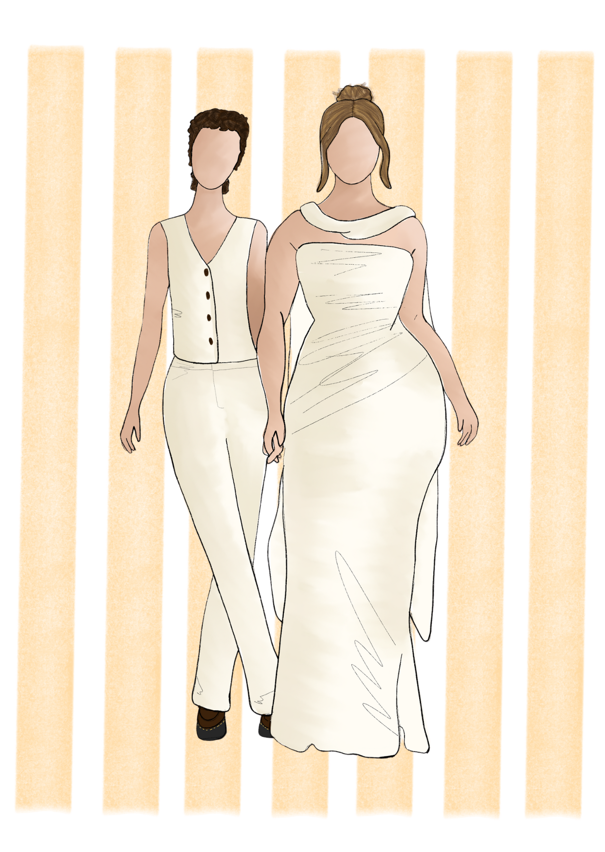 Illustration of two women in white dresses standing against a beige and white striped background.