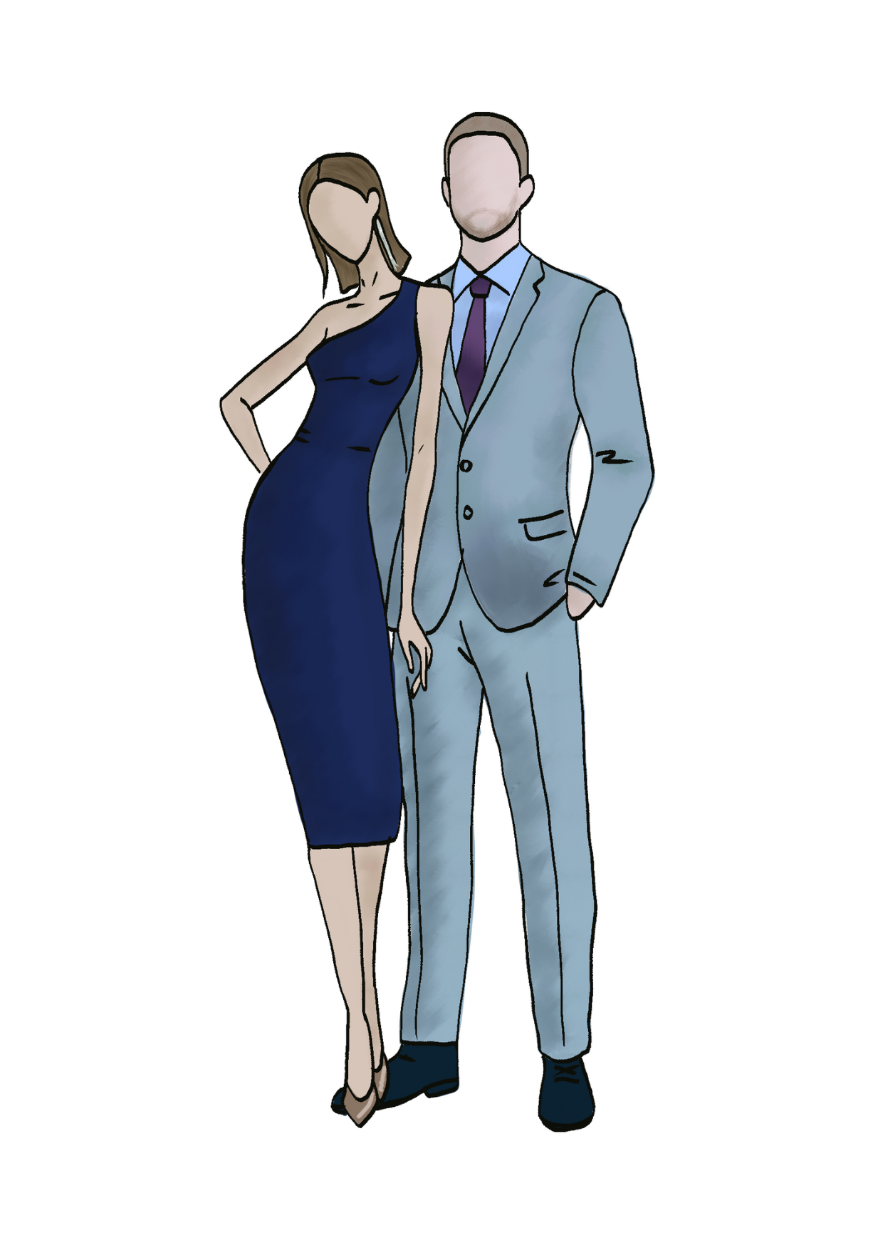 Illustration of a man and woman dressed formally, with faceless features, standing close together. The woman wears a dark blue, sleeveless, fitted dress that reaches below her knees and beige high heels. The man wears a light gray suit with a dark purple tie and black shoes. The woman's left hand holds a small clutch purse.