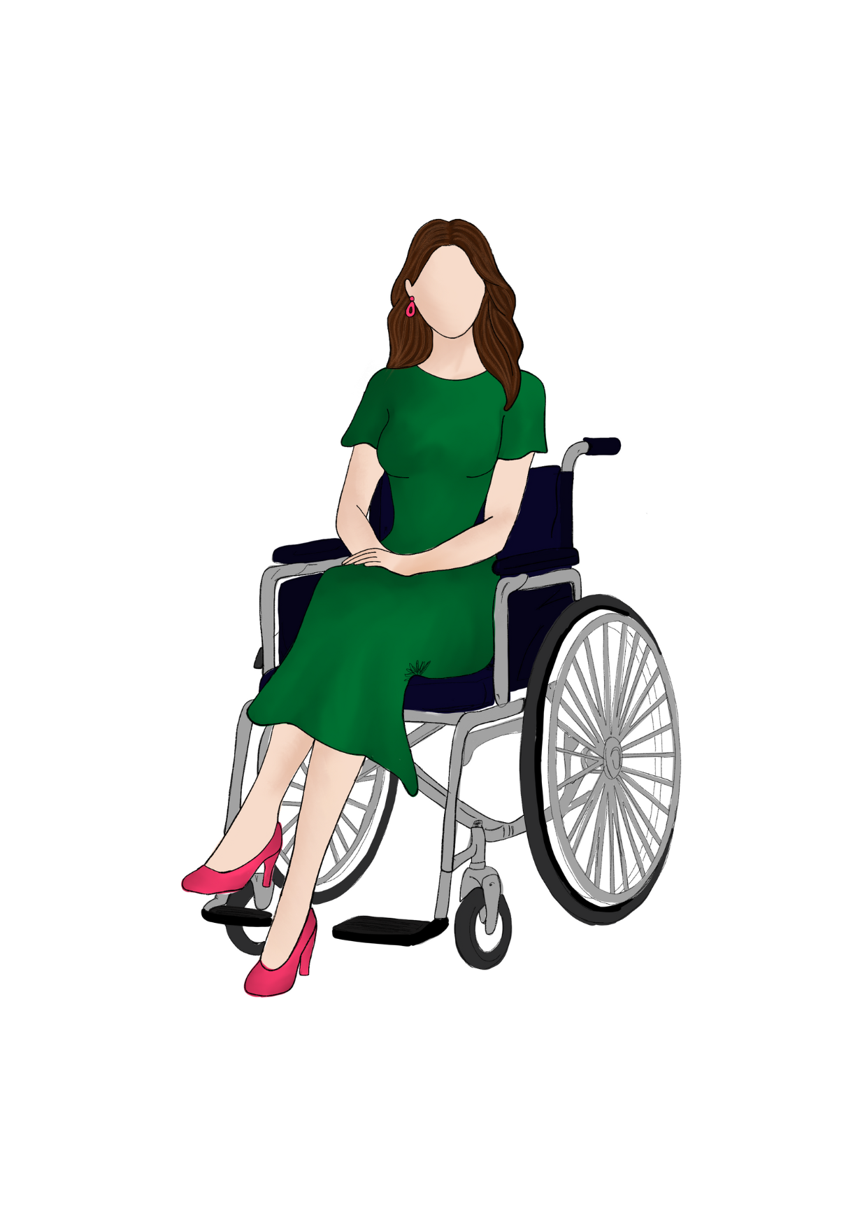 A woman in a green dress and pink high heels sitting on a wheelchair with brown hair and pink earrings.