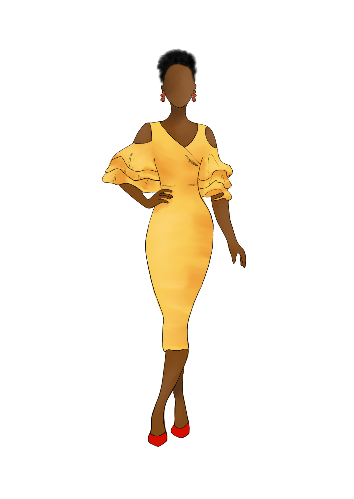 Fashion illustration of a woman in a yellow dress with cut-out shoulders and ruffled sleeves, wearing red high heels and earrings, standing with one hand on her hip.