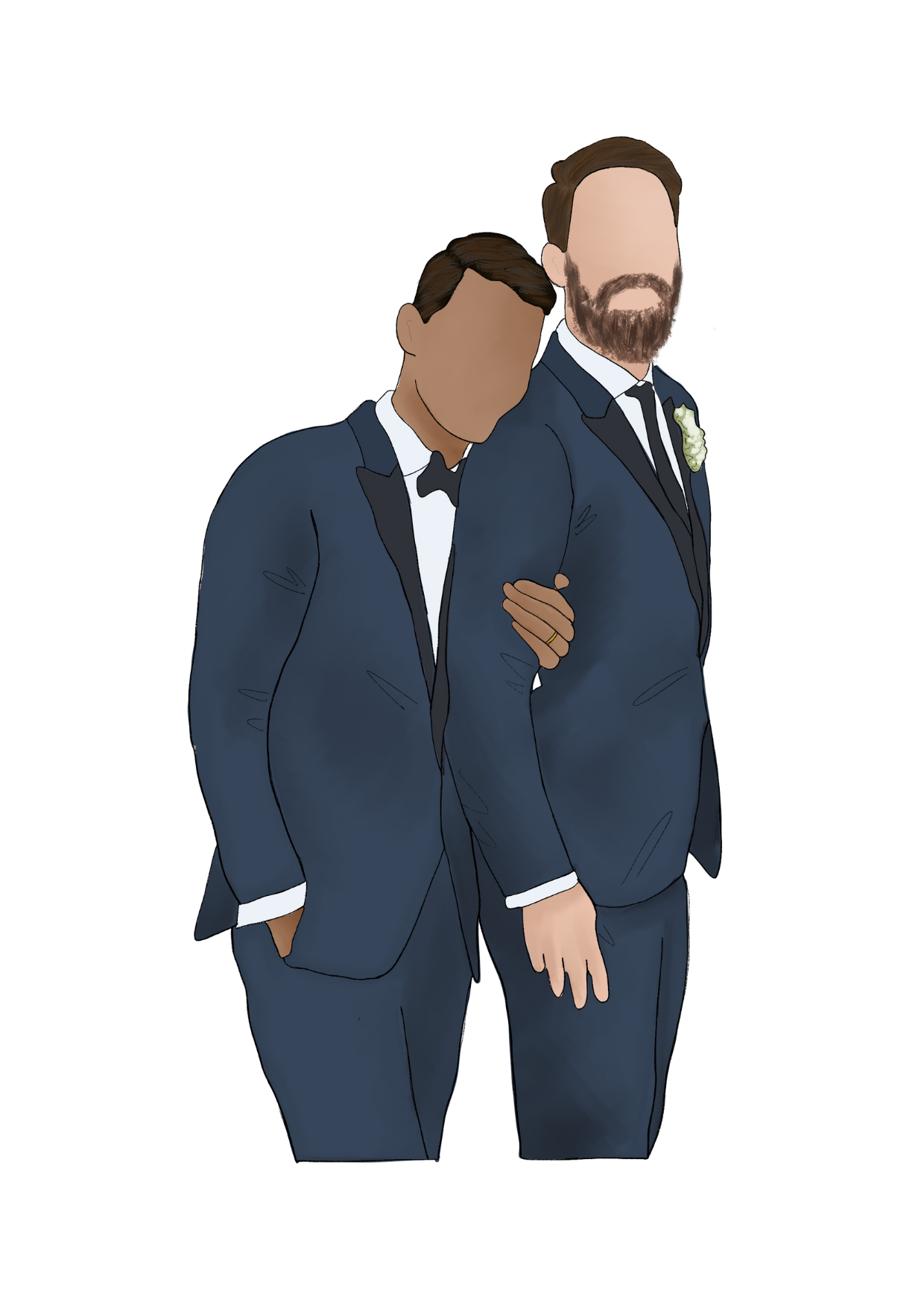 Two men in dark blue tuxedos, one with a beard and the other with a face obscured, standing close together, with the man with the beard having his arm around the other man's shoulder.