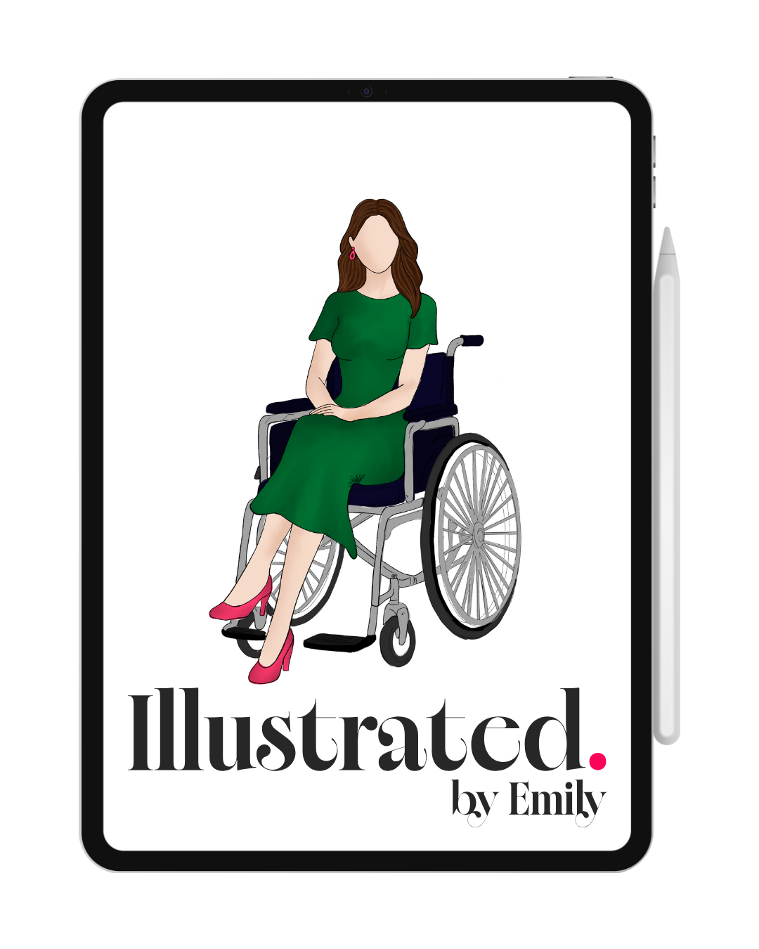 Illustration of a woman in a green dress sitting in a wheelchair, with pink high heels, on a tablet screen displaying the text 'Illustrated by Emily.'