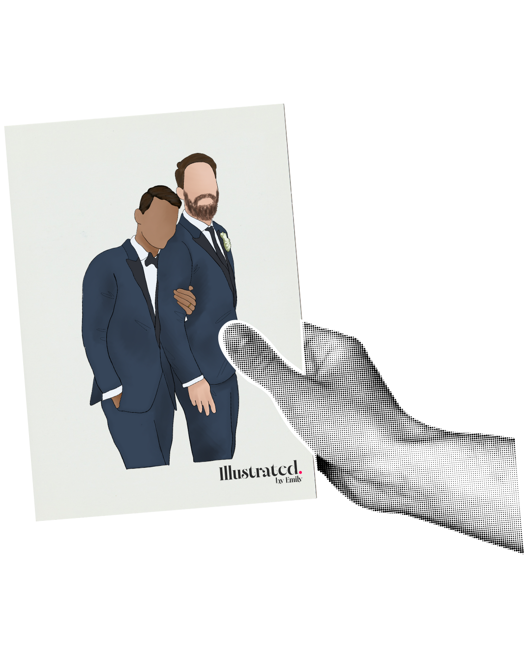 A hand holding a printed illustration of two men in suits, one with dark skin and the other with light skin and a beard, standing close together. The illustration includes the text 'Illustrated by Emily' at the bottom.