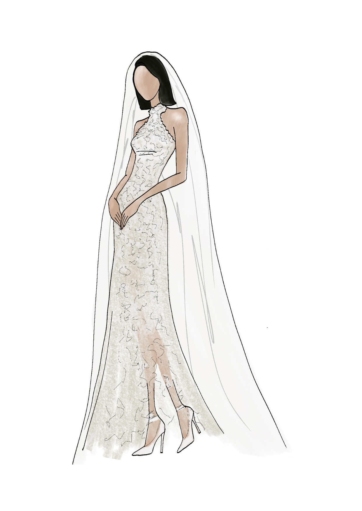 Illustration of a woman in a long, elegant white wedding dress with a veil and high heels.