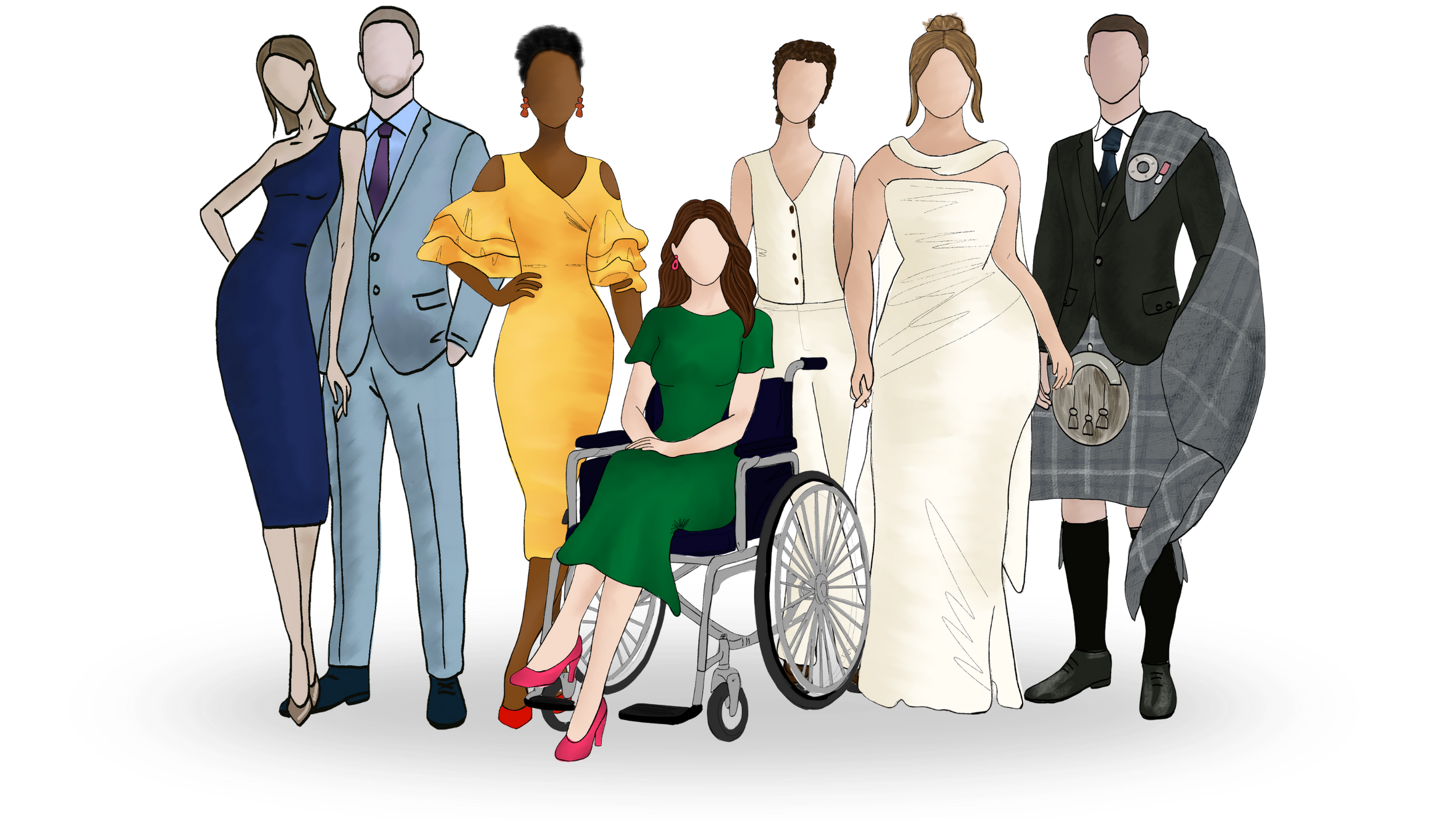 Illustration of nine diverse people dressed in stylish formal and fashionable clothing, standing together on a black stage with a circular platform.