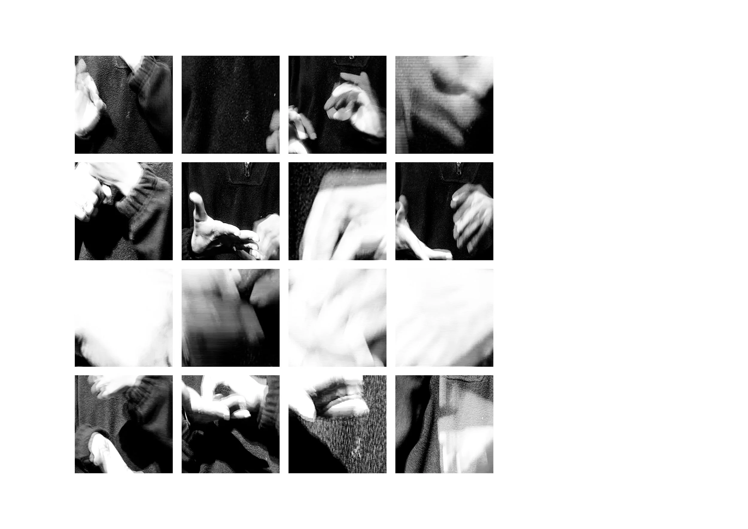 Une grille de photos en noir et blanc montrant des mains en mouvement. Les images mettent en scène des gestes et des prises de main, avec des détails flous et une progression dans la composition.