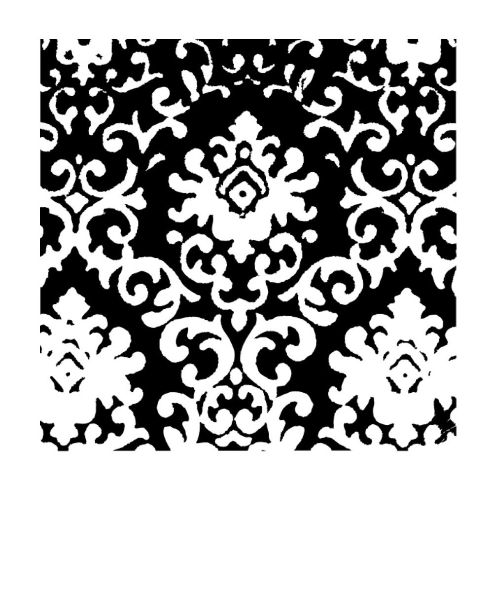 Motif ornemental en noir et blanc avec un design complexe et symétrique.