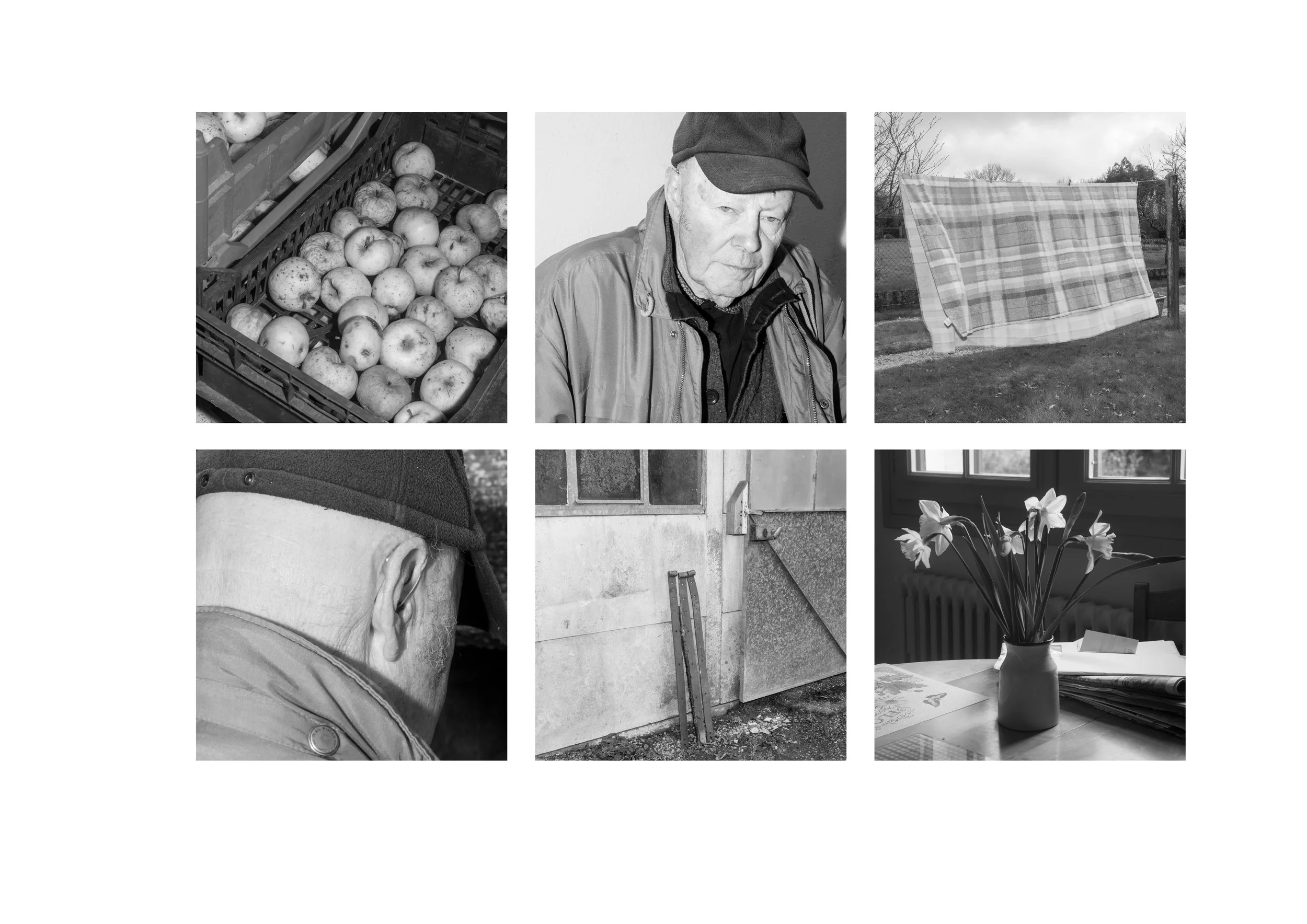 Une grille de six photographies en noir et blanc représentant des pommes dans une caisse, un homme âgé portant une casquette, un linge suspendu à une corde, un gros plan de la tête d'une personne portant une casquette, une porte d'entrée avec un roul