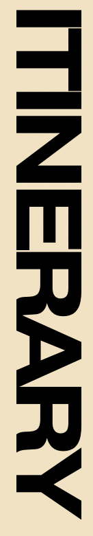 Vertical beige banner with the word "Itinerary" in bold black capital letters.