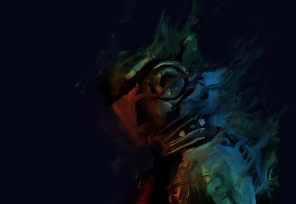 'Digital abstract art with swirling colors of green, blue, red, and yellow against a dark background.