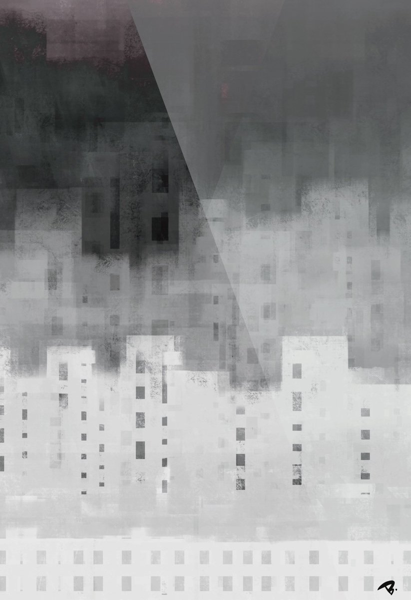 Cityscape digital artwork with pixelated grayscale patterns and geometric shapes.