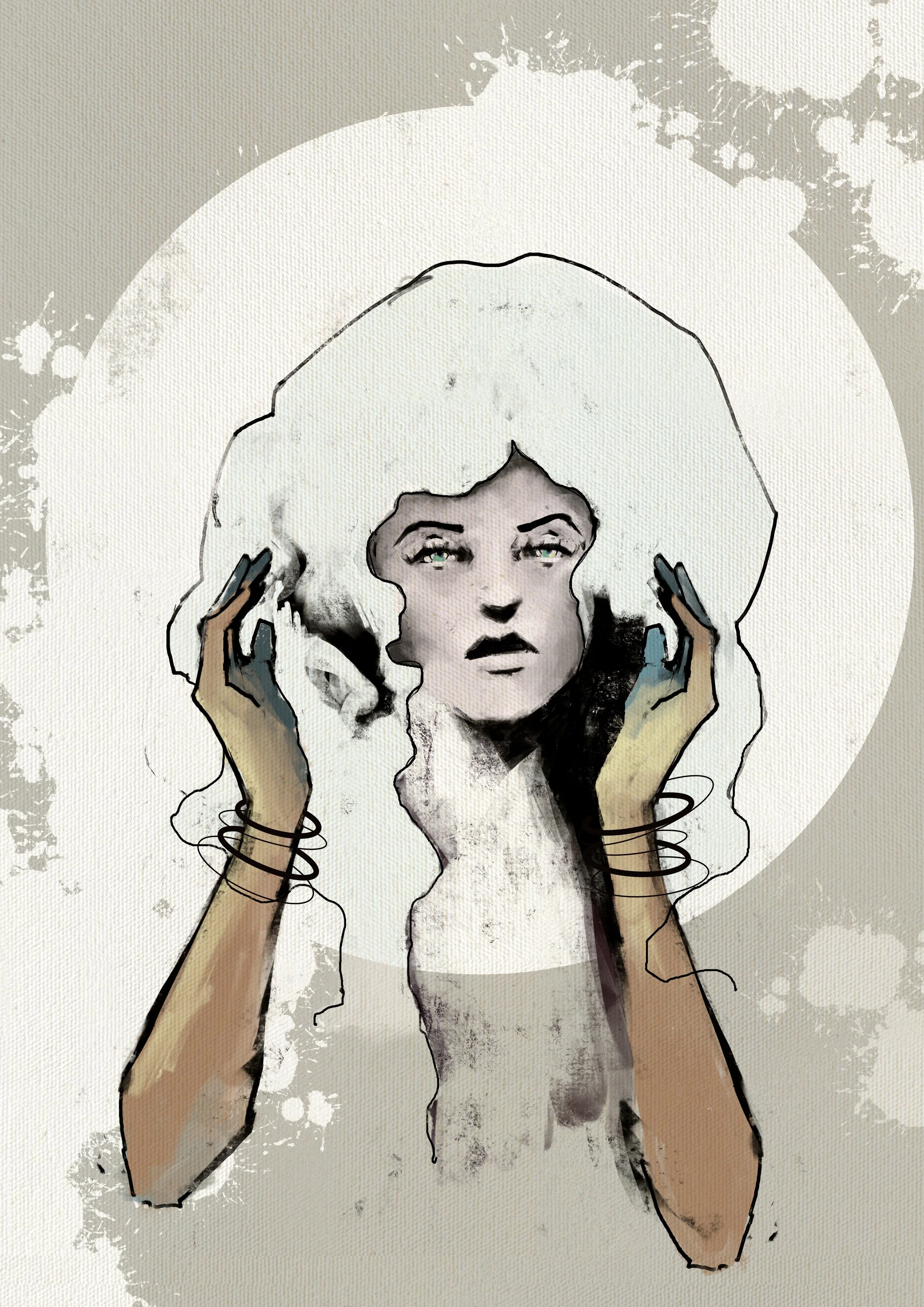 Digital artwork of a woman with platinum blonde hair, holding her head with both hands, with an abstract background featuring splatters and a large white circle.