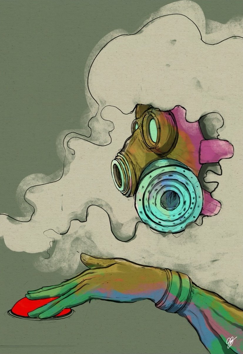 A colorful illustration of a hand pressing a red button, with a person wearing a gas mask floating above, connected by smoke or clouds.
