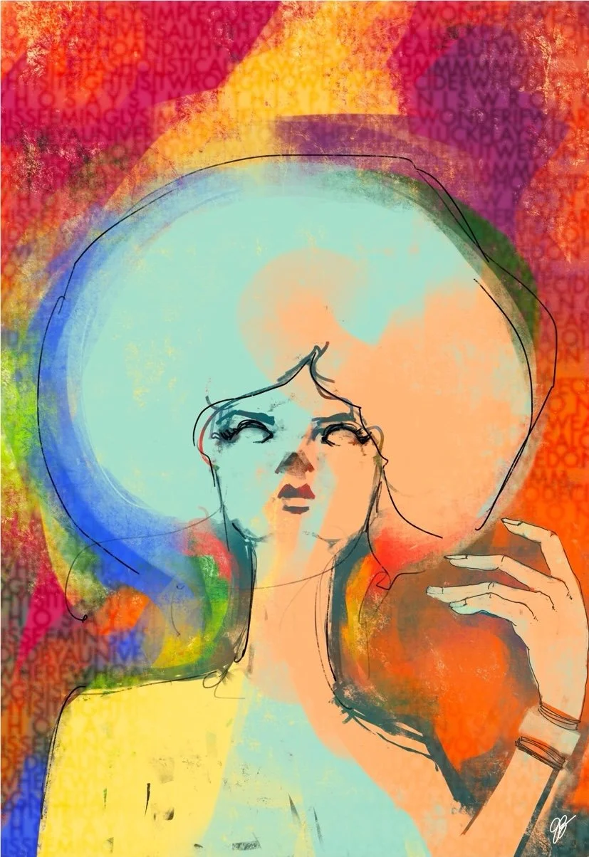 Abstract digital illustration of a woman with large hair in pastel and bright colors, with background containing text in various colors.