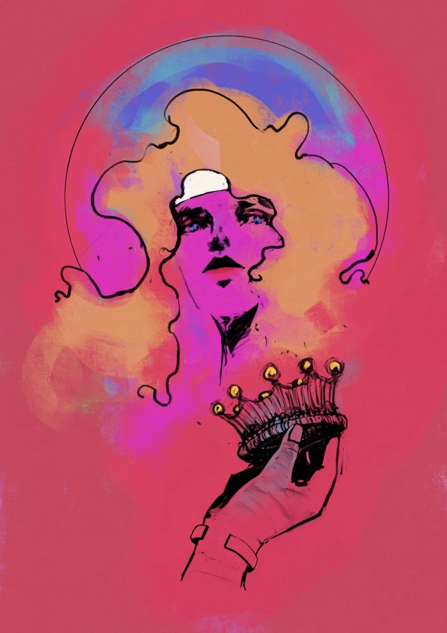 Abstract digital artwork depicting a woman's face with colorful hair, held by a hand with a crown, against a pink background with a rainbow-like halo.