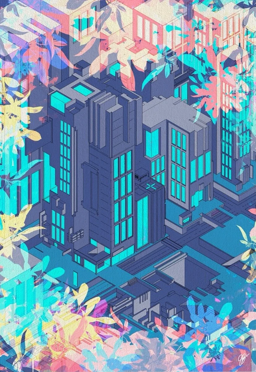 Digital illustration of a futuristic cityscape with tall, blue-lit buildings and vibrant pink, yellow, and teal foliage in the foreground.