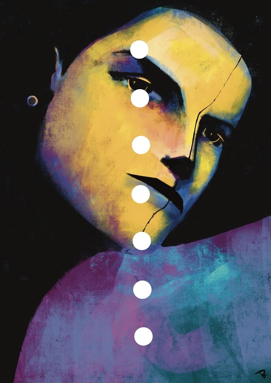 Abstract digital painting of a woman's face with sad expression, painted in yellow, purple, and blue tones, with a black background.