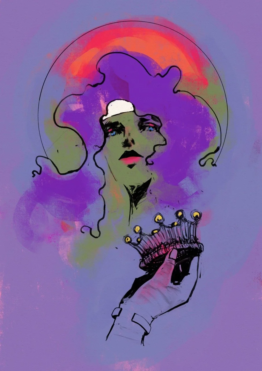 A colorful digital illustration of a woman's face with purple hair and bright makeup, being held by a hand gripping a crown, set against a purple background with a radiant circle above her head.